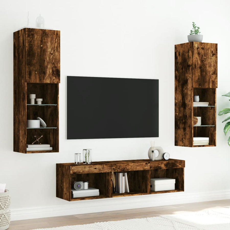 -Delige Tv-Wandmeubelset Met Led Bewerkt Hout Gerookt eiken