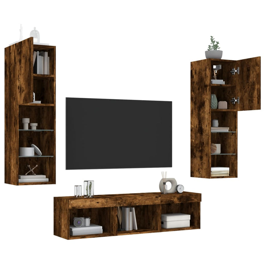 -Delige Tv-Wandmeubelset Met Led Bewerkt Hout Gerookt eiken
