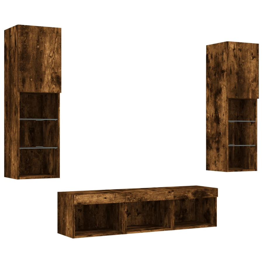 -Delige Tv-Wandmeubelset Met Led Bewerkt Hout Gerookt eiken