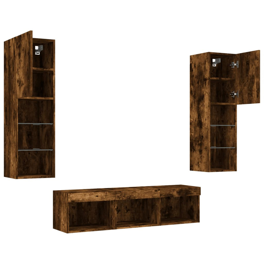 -Delige Tv-Wandmeubelset Met Led Bewerkt Hout Gerookt eiken