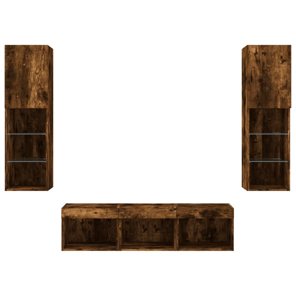 -Delige Tv-Wandmeubelset Met Led Bewerkt Hout Gerookt eiken