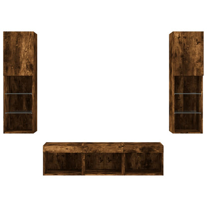 -Delige Tv-Wandmeubelset Met Led Bewerkt Hout Gerookt eiken
