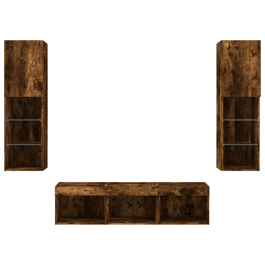 -Delige Tv-Wandmeubelset Met Led Bewerkt Hout Gerookt eiken