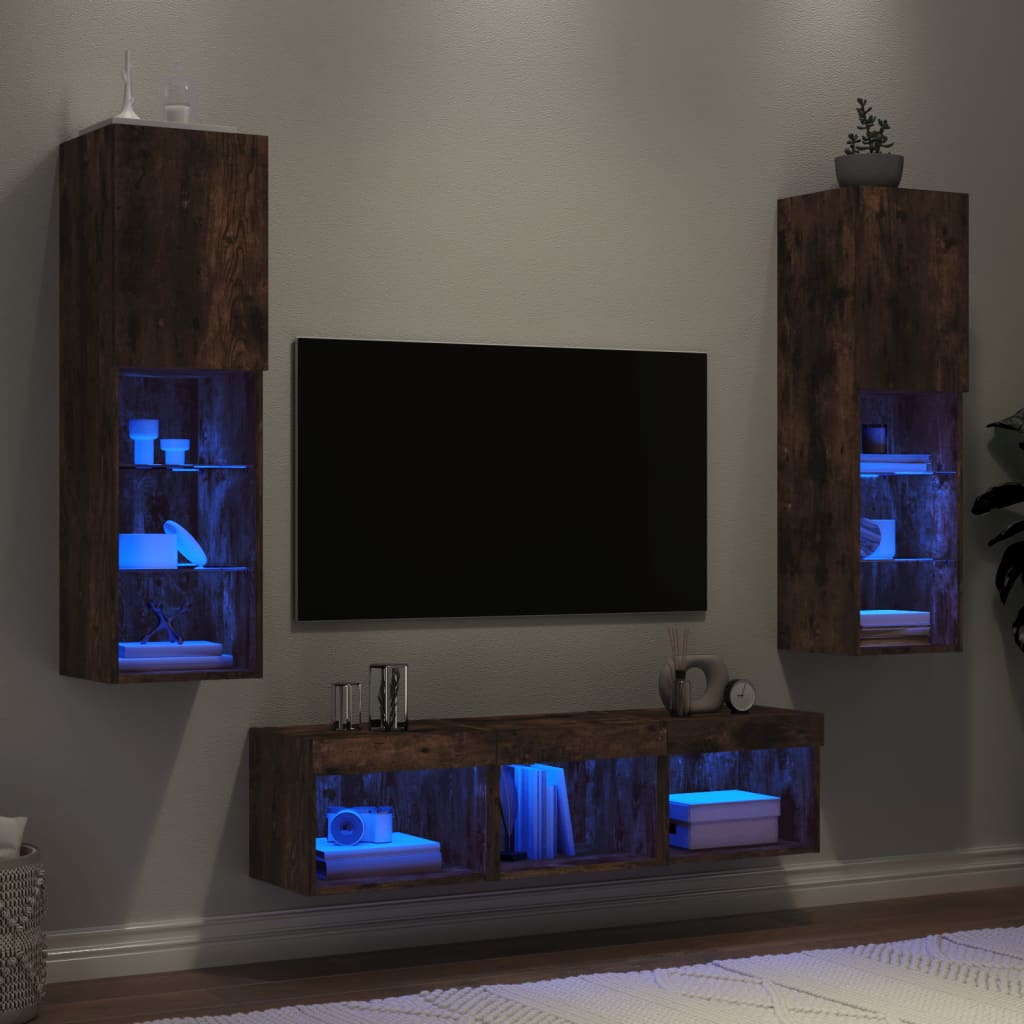 -Delige Tv-Wandmeubelset Met Led Bewerkt Hout Gerookt eiken