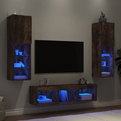 -Delige Tv-Wandmeubelset Met Led Bewerkt Hout Gerookt eiken
