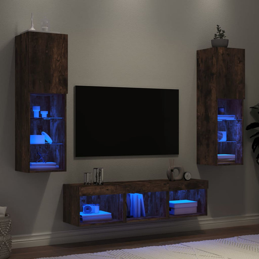 -Delige Tv-Wandmeubelset Met Led Bewerkt Hout Gerookt eiken