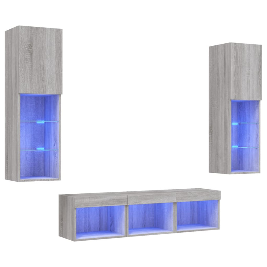-Delige Tv-Wandmeubelset Met Led Eikenkleurig Grijs sonoma