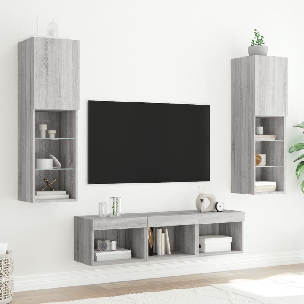 -Delige Tv-Wandmeubelset Met Led Eikenkleurig Grijs sonoma