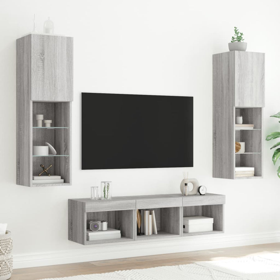 -Delige Tv-Wandmeubelset Met Led Eikenkleurig Grijs sonoma