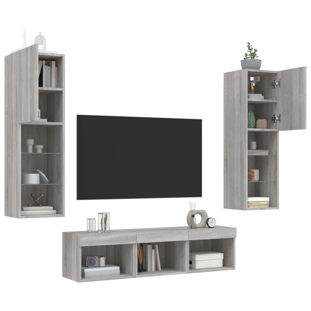 -Delige Tv-Wandmeubelset Met Led Eikenkleurig Grijs sonoma
