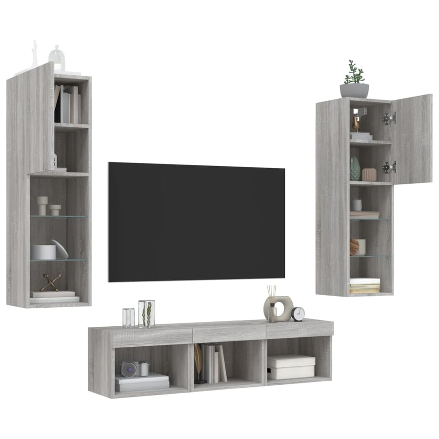 -Delige Tv-Wandmeubelset Met Led Eikenkleurig Grijs sonoma