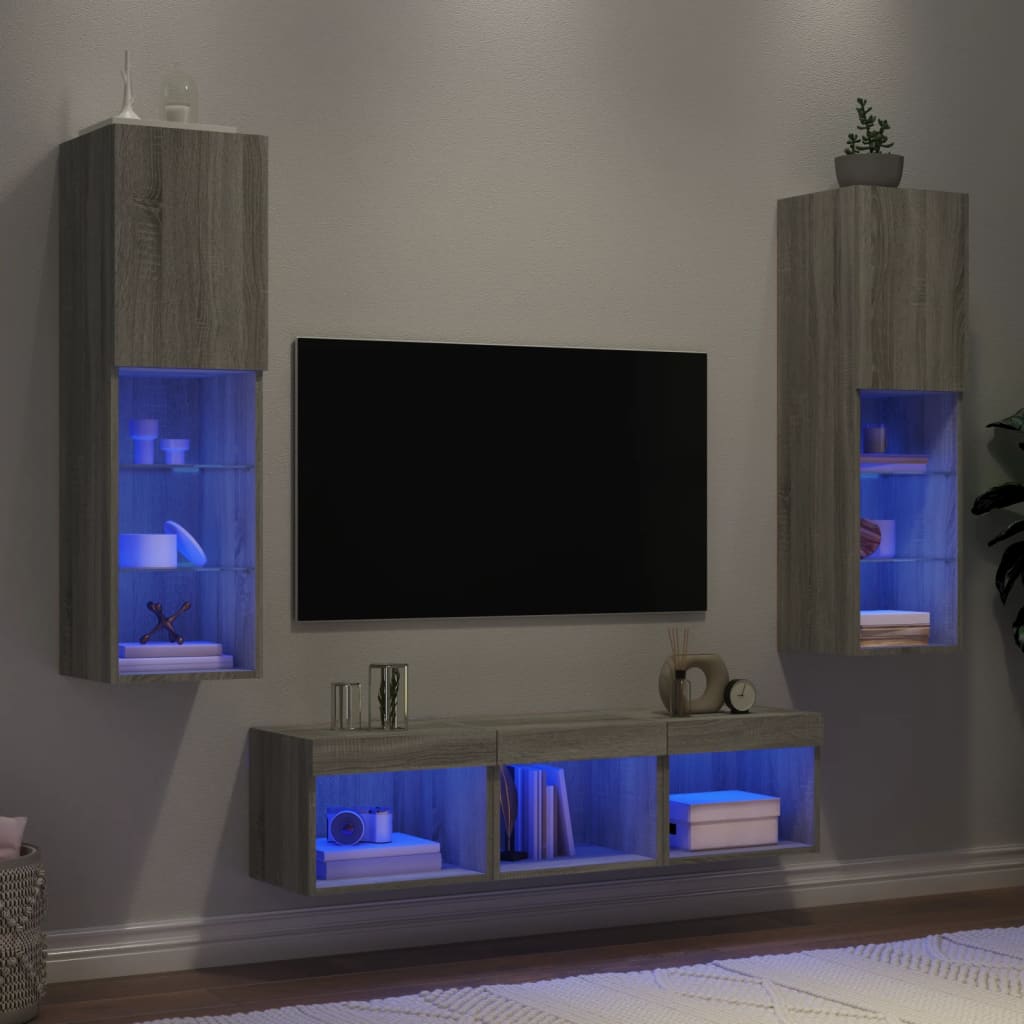 -Delige Tv-Wandmeubelset Met Led Eikenkleurig Grijs sonoma