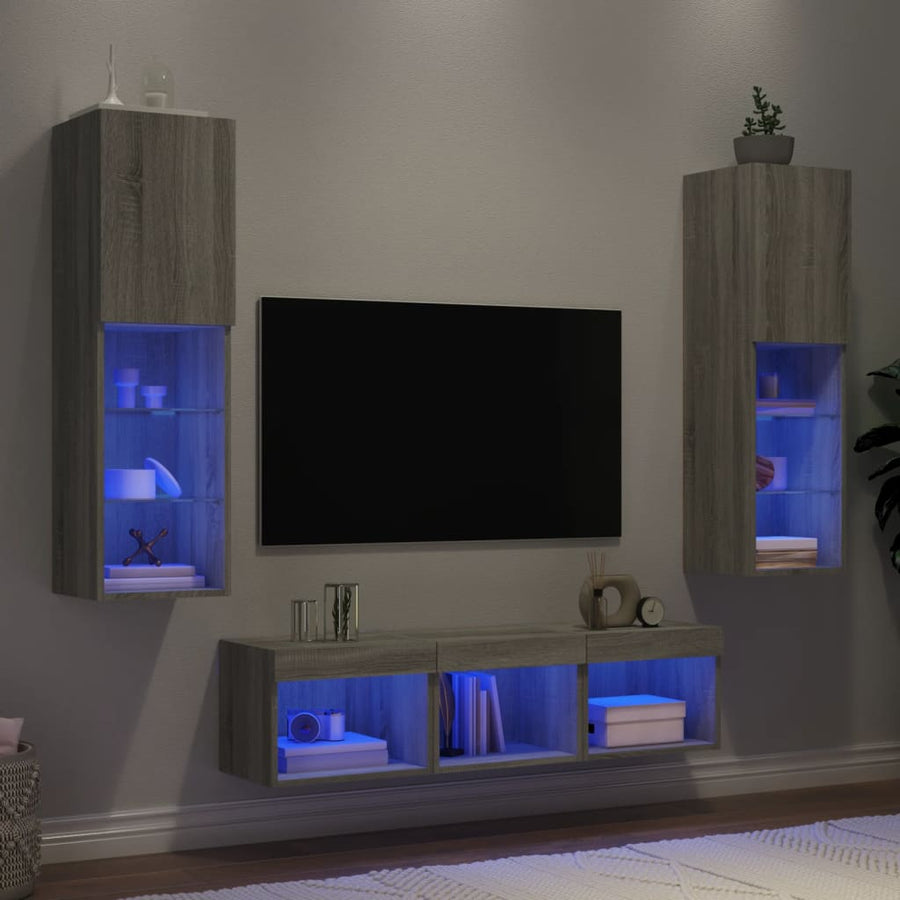 -Delige Tv-Wandmeubelset Met Led Eikenkleurig Grijs sonoma