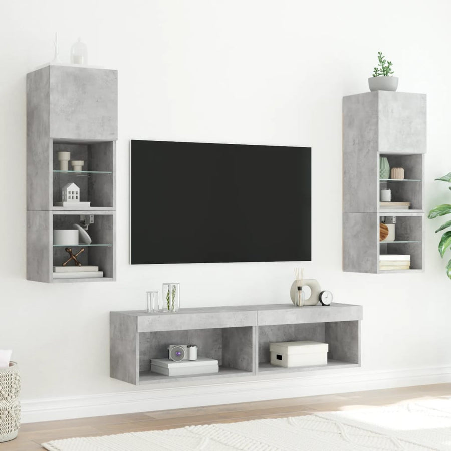6-Delige Tv-Wandmeubelset Met Led Bewerkt Hout Betongrijs