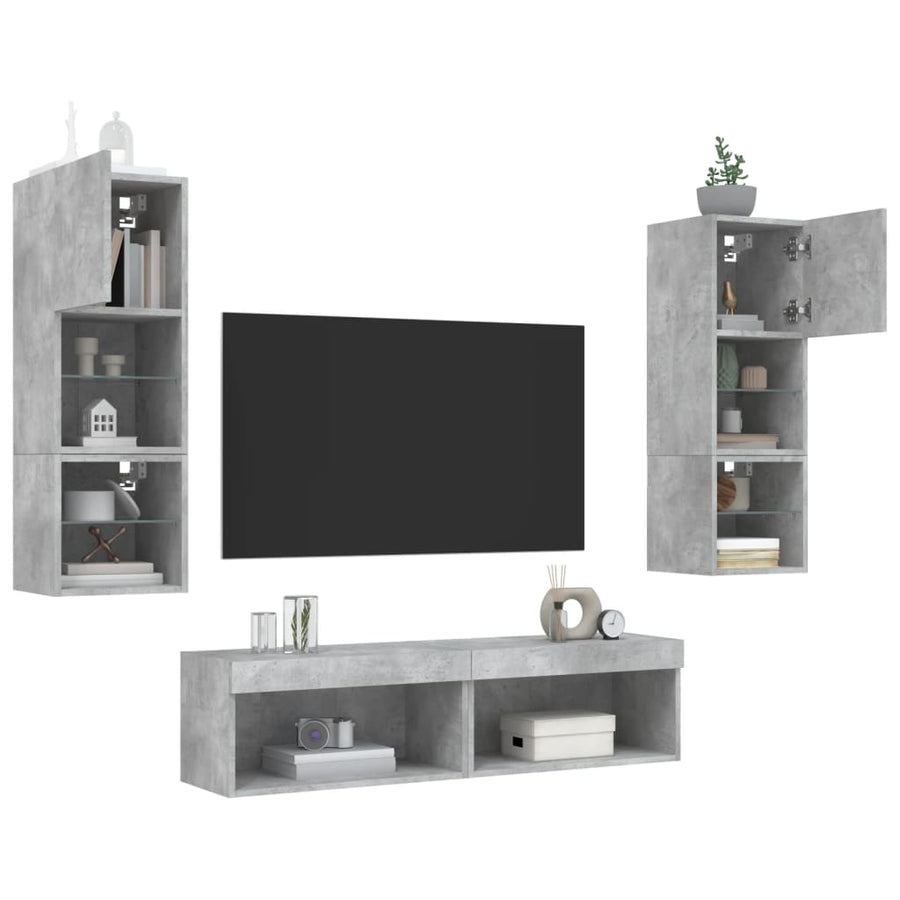 6-Delige Tv-Wandmeubelset Met Led Bewerkt Hout Betongrijs