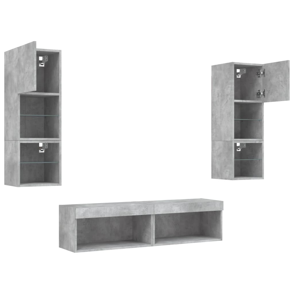 6-Delige Tv-Wandmeubelset Met Led Bewerkt Hout Betongrijs