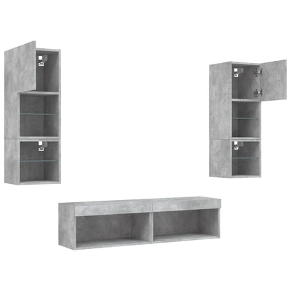 6-Delige Tv-Wandmeubelset Met Led Bewerkt Hout Betongrijs