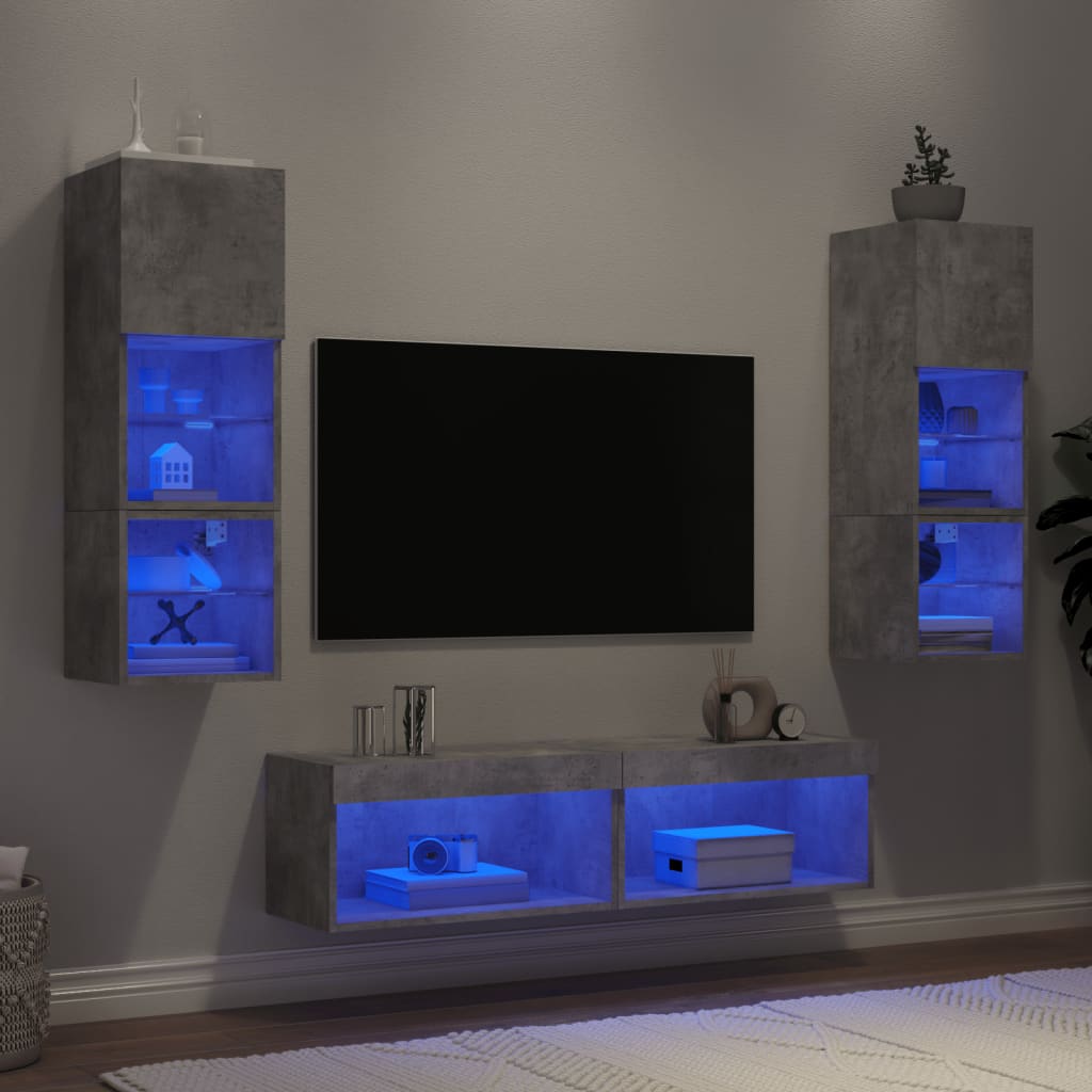 6-Delige Tv-Wandmeubelset Met Led Bewerkt Hout Betongrijs