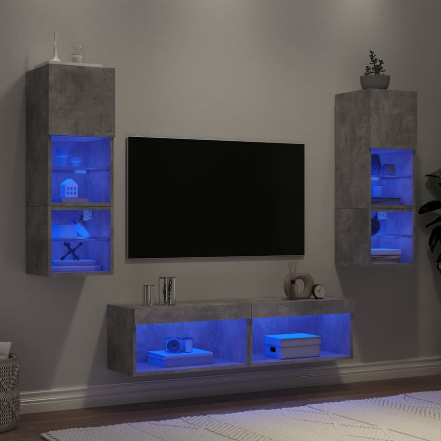 6-Delige Tv-Wandmeubelset Met Led Bewerkt Hout Betongrijs