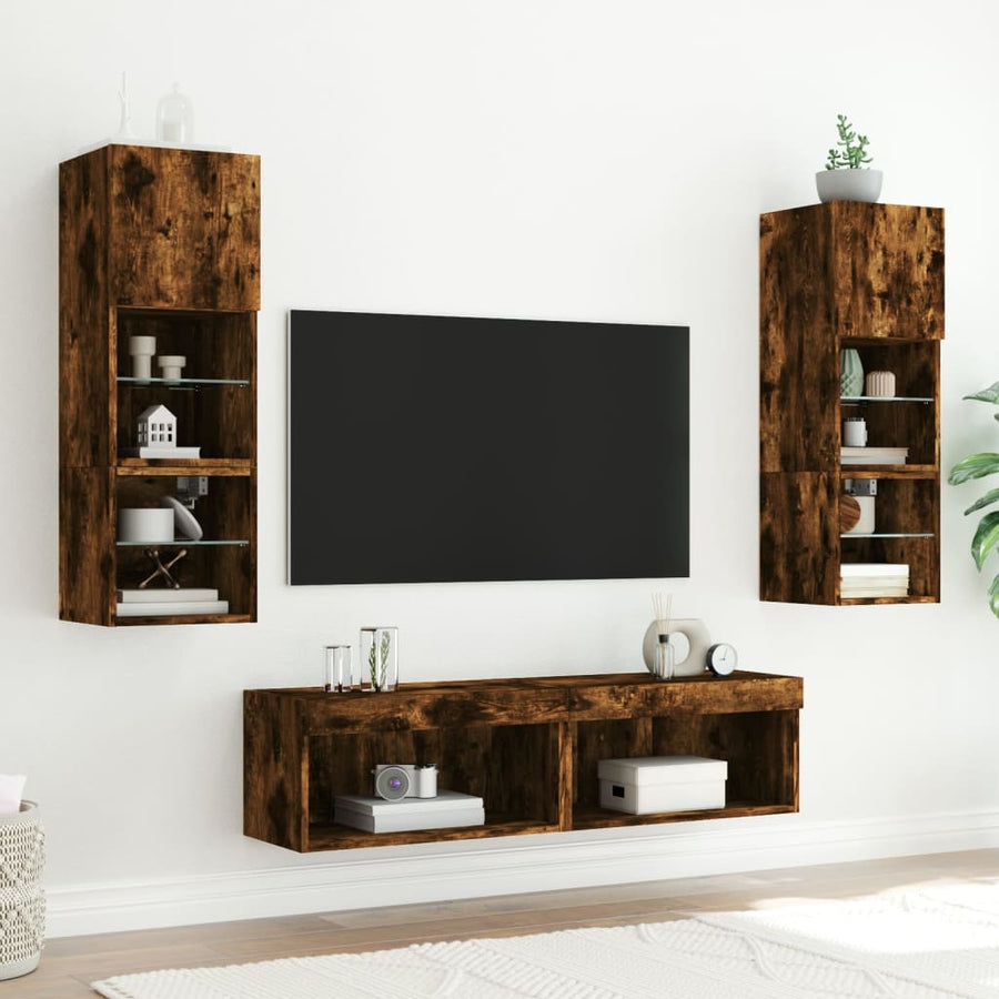 6-Delige Tv-Wandmeubelset Met Led Bewerkt Hout Gerookt eiken