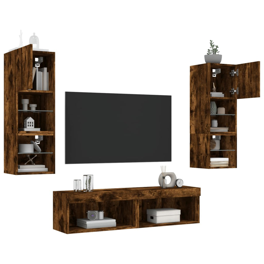 6-Delige Tv-Wandmeubelset Met Led Bewerkt Hout Gerookt eiken