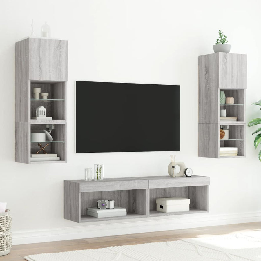 6-delige Tv-wandmeubelset met LED grijs sonoma eikenkleurig