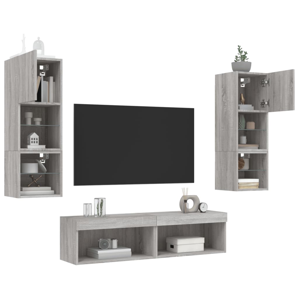6-delige Tv-wandmeubelset met LED grijs sonoma eikenkleurig
