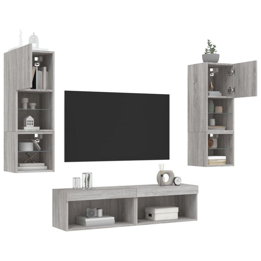 6-delige Tv-wandmeubelset met LED grijs sonoma eikenkleurig