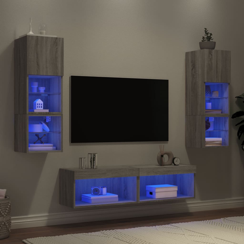 6-delige Tv-wandmeubelset met LED grijs sonoma eikenkleurig