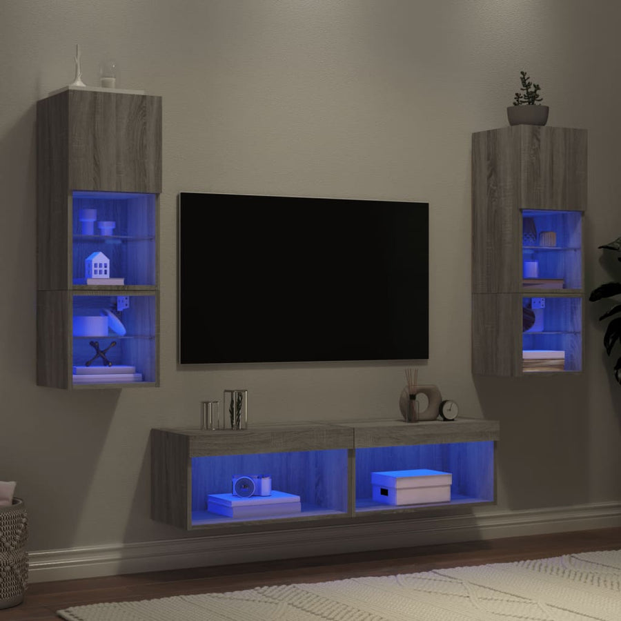 6-delige Tv-wandmeubelset met LED grijs sonoma eikenkleurig