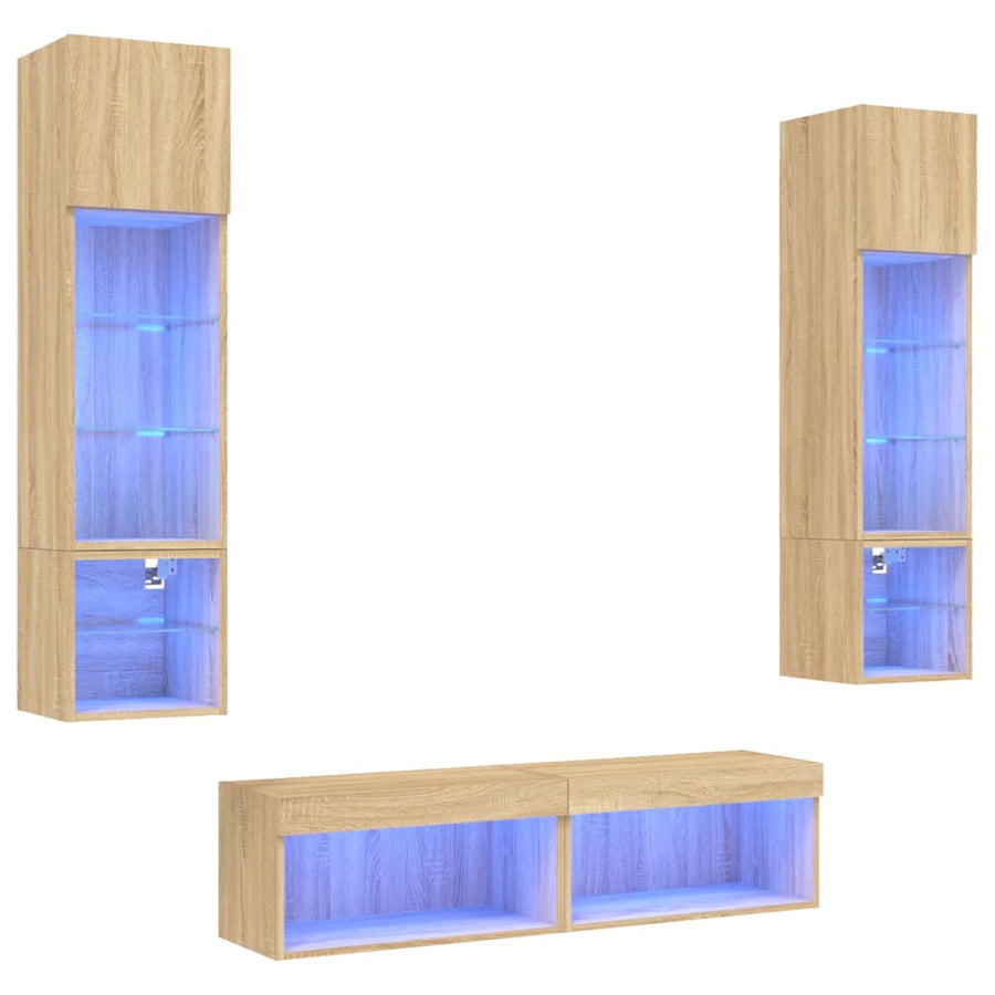 6-Delige Tv-Wandmeubelset Met Led Bewerkt Hout Sonoma eiken