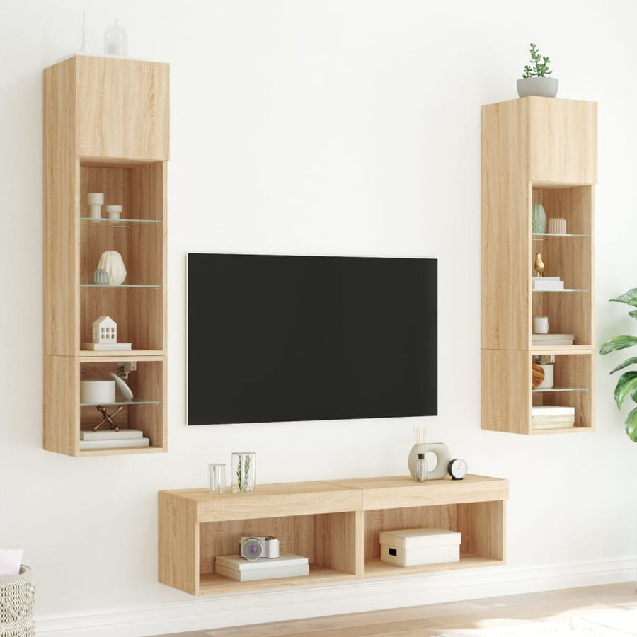 6-Delige Tv-Wandmeubelset Met Led Bewerkt Hout Sonoma eiken