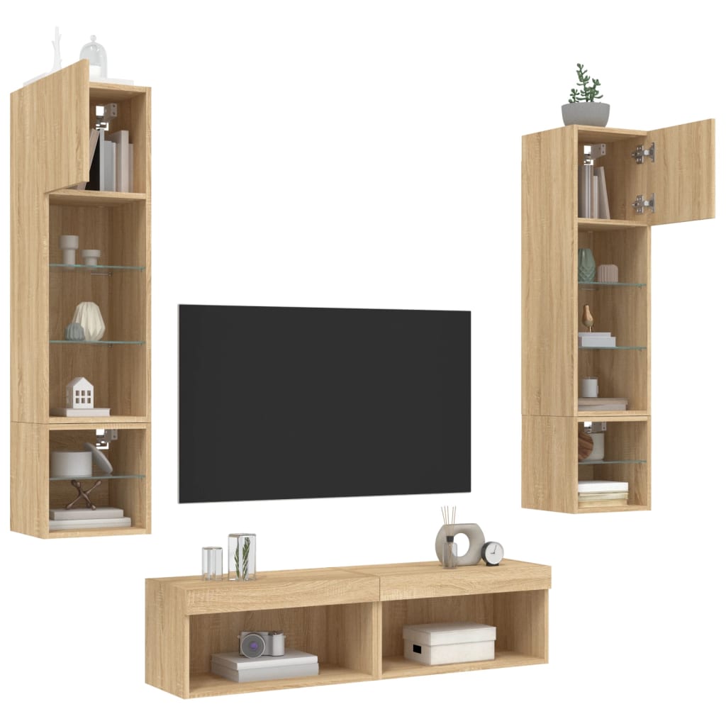 6-Delige Tv-Wandmeubelset Met Led Bewerkt Hout Sonoma eiken