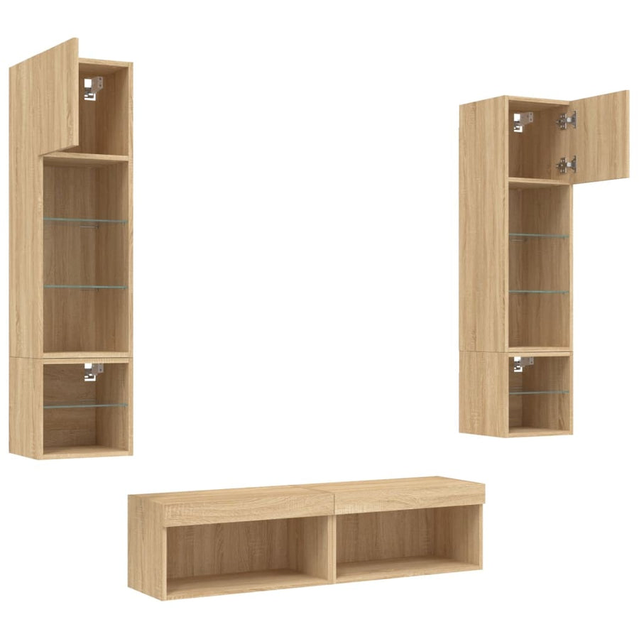6-Delige Tv-Wandmeubelset Met Led Bewerkt Hout Sonoma eiken