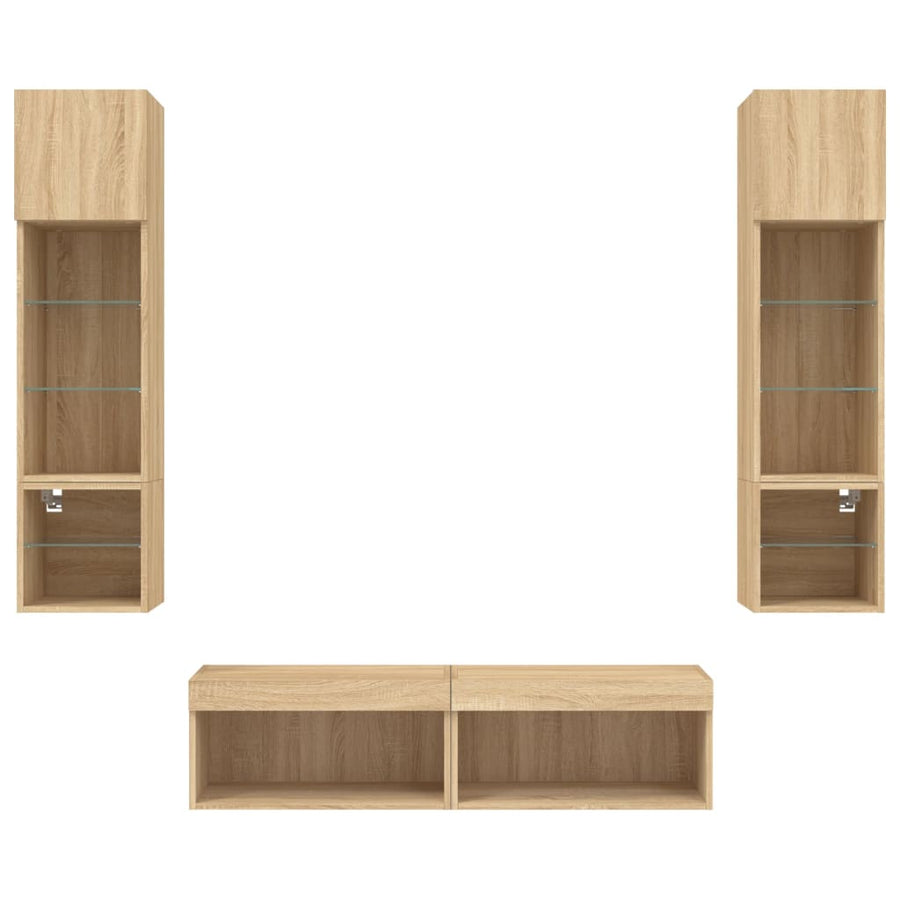 6-Delige Tv-Wandmeubelset Met Led Bewerkt Hout Sonoma eiken
