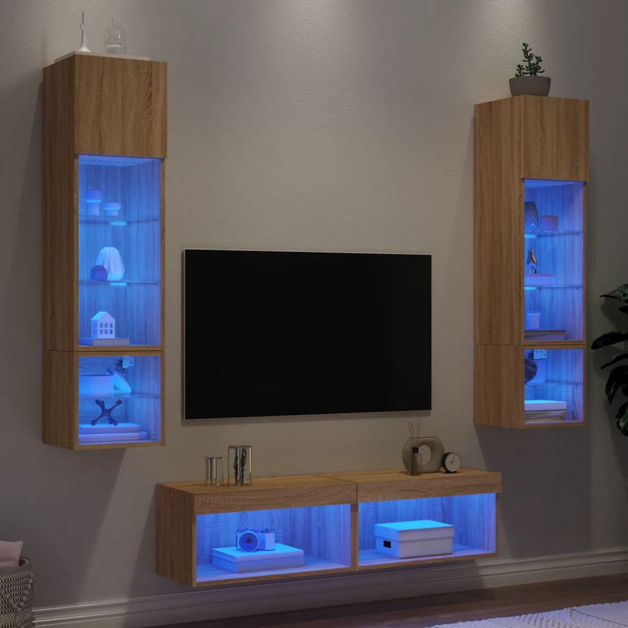 6-Delige Tv-Wandmeubelset Met Led Bewerkt Hout Sonoma eiken