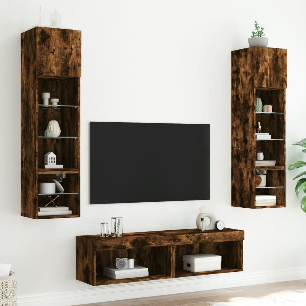 6-delige tv-wandmeubelset met LED bewerkt hout gerookt eiken