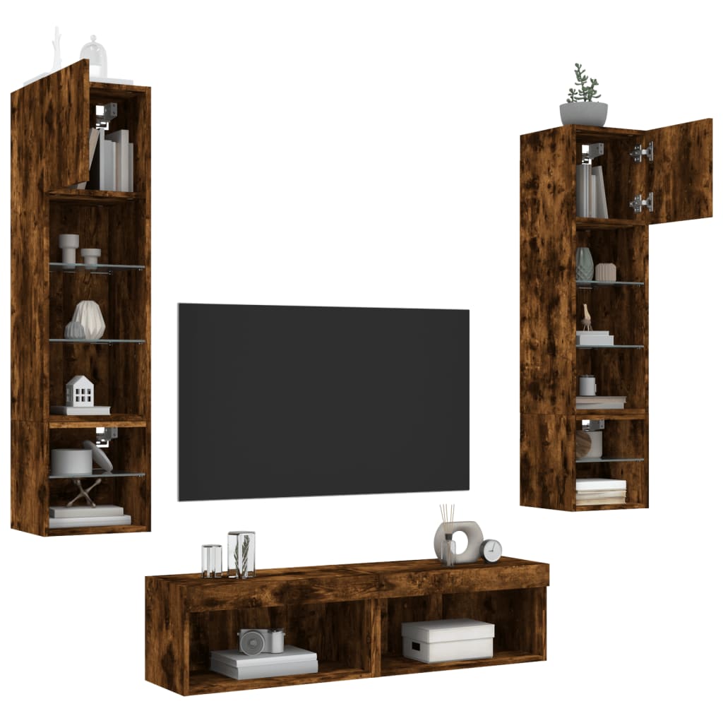 6-delige tv-wandmeubelset met LED bewerkt hout gerookt eiken