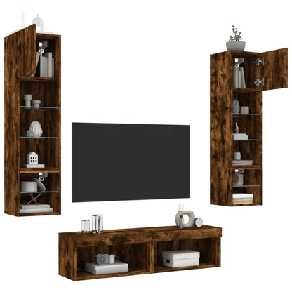 6-delige tv-wandmeubelset met LED bewerkt hout gerookt eiken