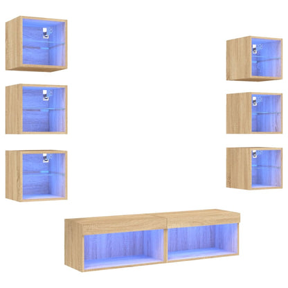 8-Delige Tv-Wandmeubelset Met Led Bewerkt Hout Sonoma eiken