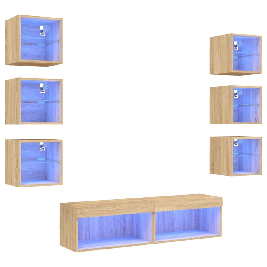 8-Delige Tv-Wandmeubelset Met Led Bewerkt Hout Sonoma eiken