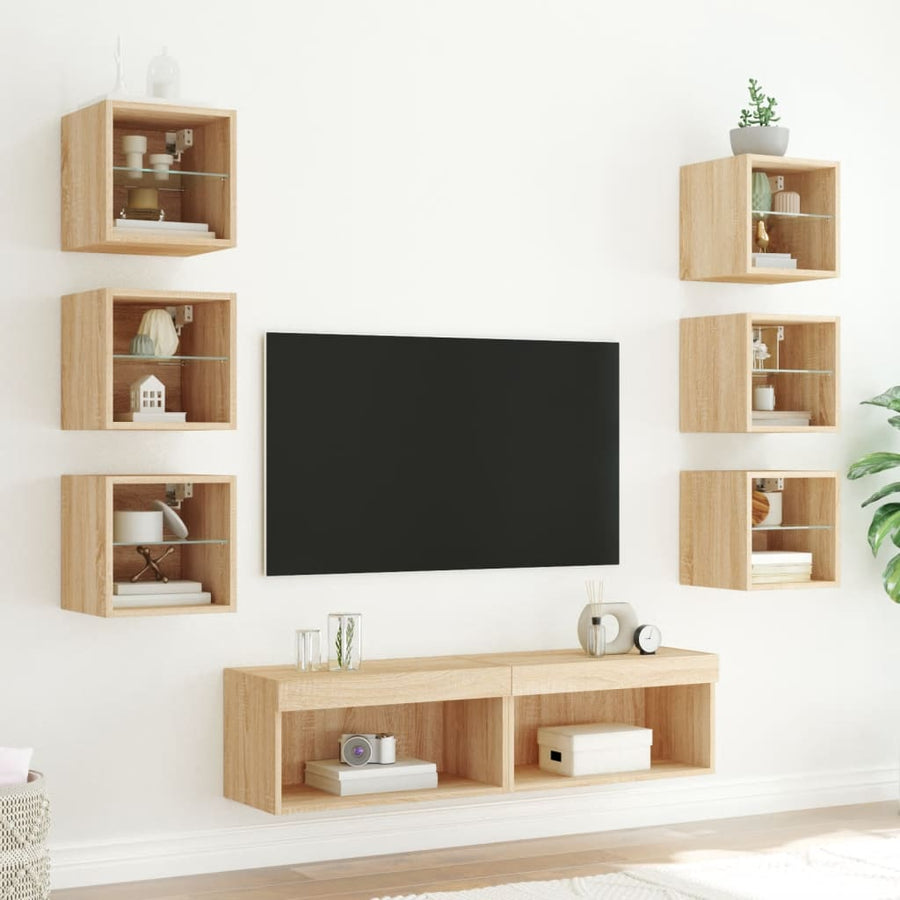 8-Delige Tv-Wandmeubelset Met Led Bewerkt Hout Sonoma eiken