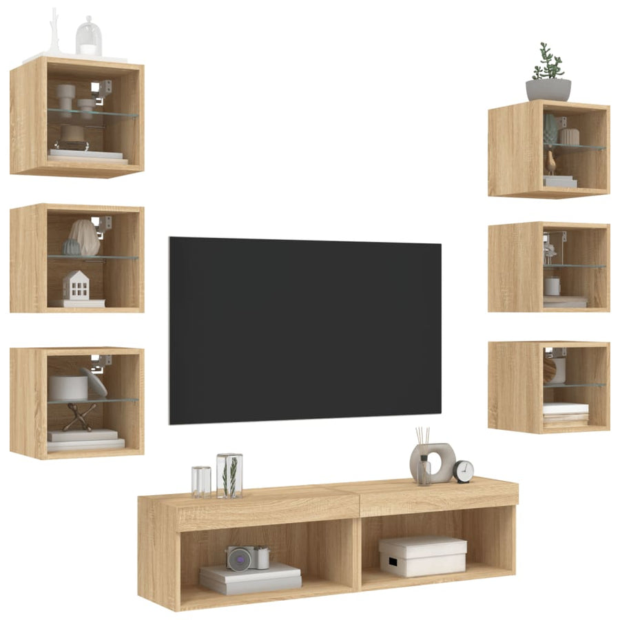 8-Delige Tv-Wandmeubelset Met Led Bewerkt Hout Sonoma eiken