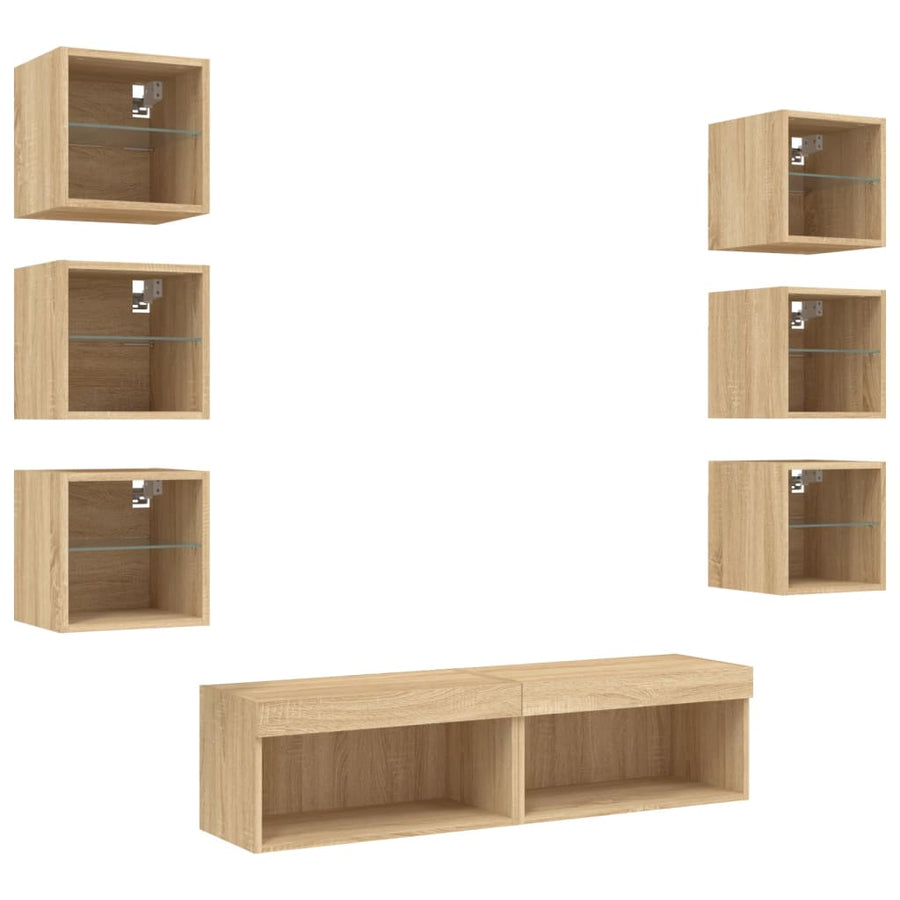 8-Delige Tv-Wandmeubelset Met Led Bewerkt Hout Sonoma eiken