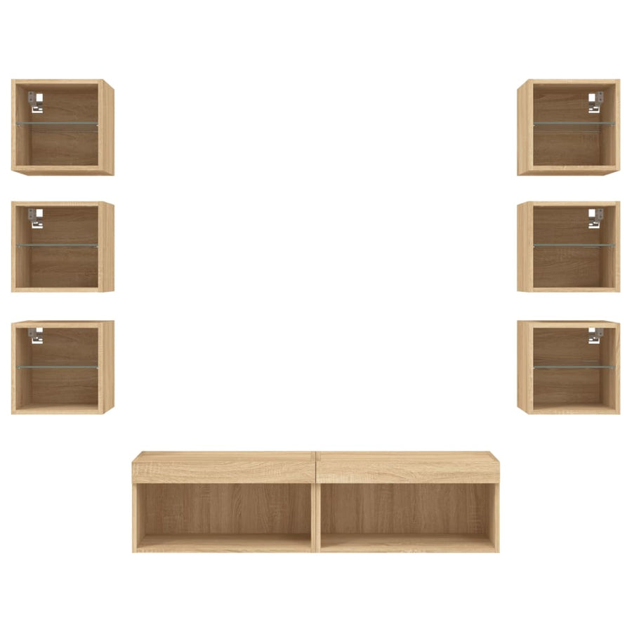 8-Delige Tv-Wandmeubelset Met Led Bewerkt Hout Sonoma eiken