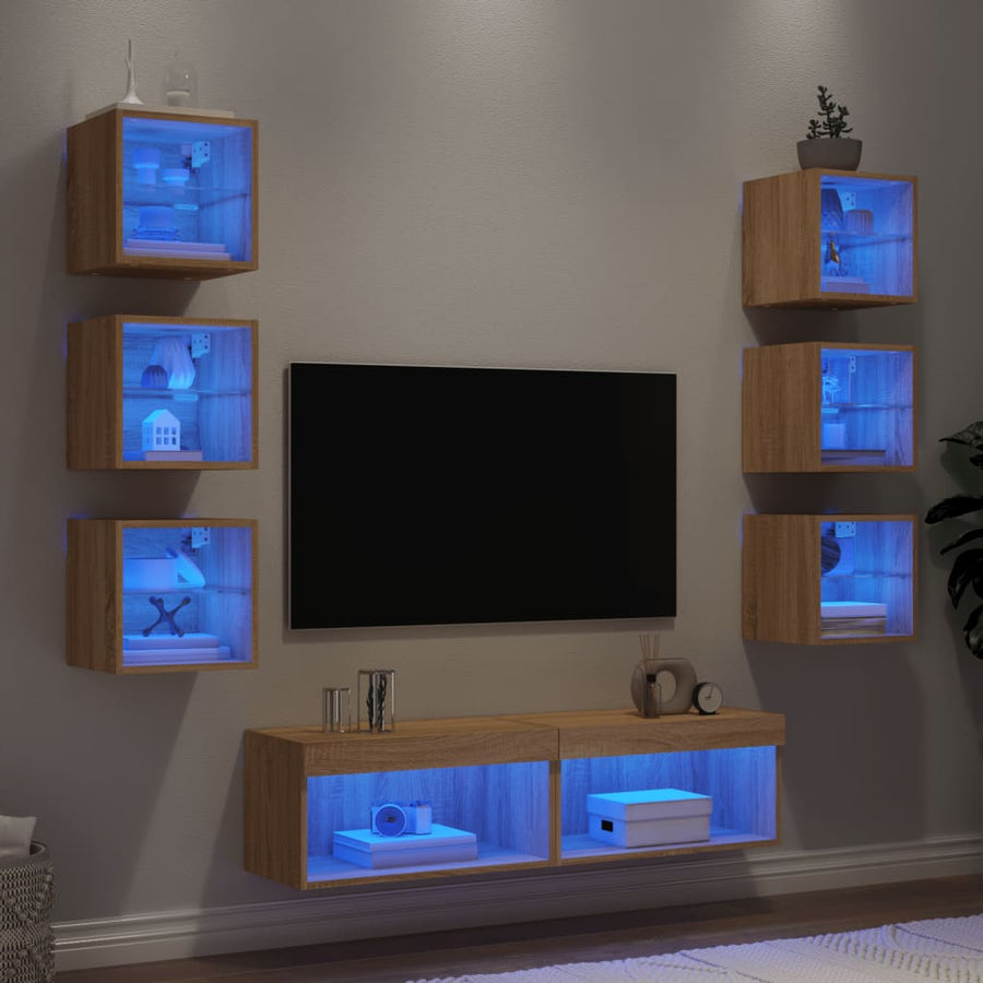 8-Delige Tv-Wandmeubelset Met Led Bewerkt Hout Sonoma eiken