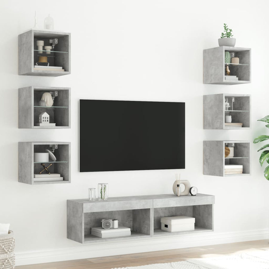 8-Delige Tv-Wandmeubelset Met Led Bewerkt Hout Betongrijs