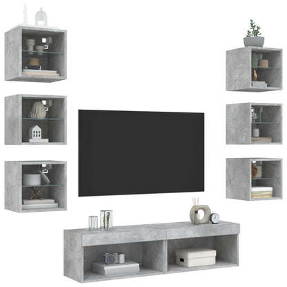 8-Delige Tv-Wandmeubelset Met Led Bewerkt Hout Betongrijs