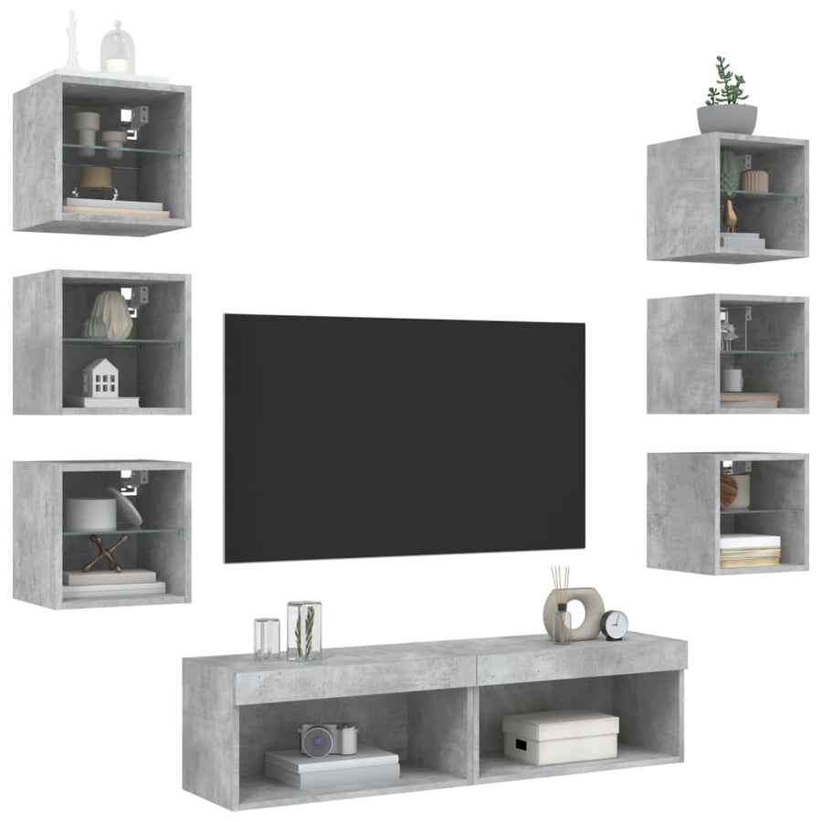 8-Delige Tv-Wandmeubelset Met Led Bewerkt Hout Betongrijs