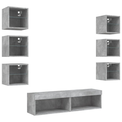 8-Delige Tv-Wandmeubelset Met Led Bewerkt Hout Betongrijs